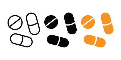 Medical pill icons on white background. Medication dosage icon set