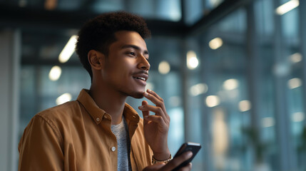 Faceless Arab young man using voice assistant on smartphone heavily defocused bright modern office background anonymous professional engaging with AI technology digital
