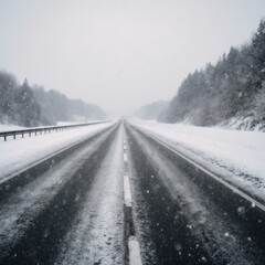 A defocused winter motor roadway covered in white snow and dominated by a precipitation-laden path