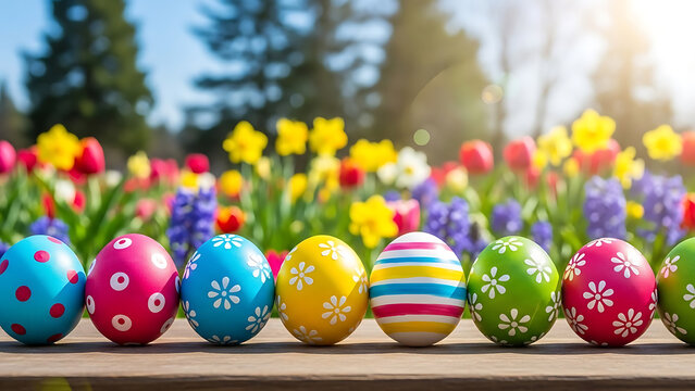 Row of vibrant easter eggs decorated with various patterns in a blooming spring flower garden - Powered by Adobe