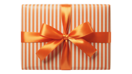 Vibrant orange and white striped gift box with large satin bow on top isolated on white