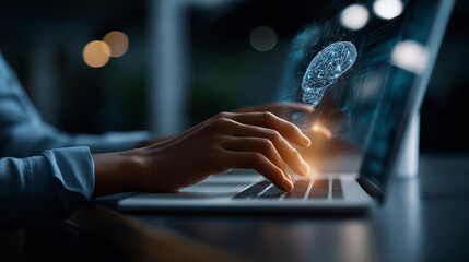 Faceless person interacting with AI chat interface on laptop heavily defocused background with digital brain anonymous user with artificial intelligence conversation machine