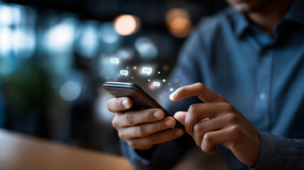 Fototapeta premium Faceless person using smartphone chatting with AI chatbot defocused background with dialogue bubbles anonymous user with virtual assistant technology artificial intelligence