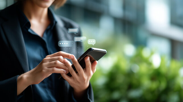 Faceless person using smartphone chatting with AI chatbot defocused background with dialogue bubbles anonymous user with virtual assistant technology artificial intelligence