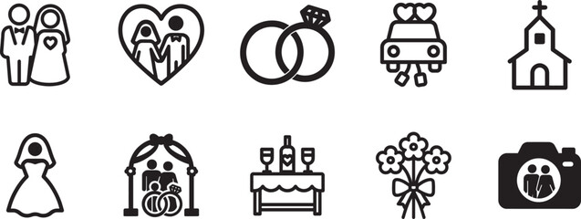 Family and wedding outline icon set with rings, dress, car, bouquet, ceremony, party.