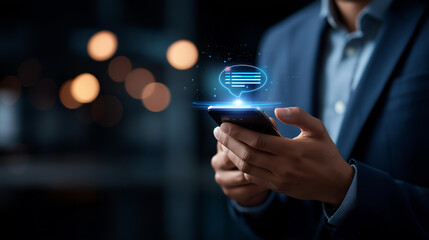 Chatbot conversation AI artificial intelligence technology heavily defocused background online customer service representation digital chatbot robot application futuristic