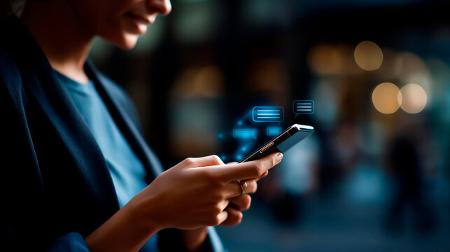 Faceless person using smartphone chatting with AI chatbot defocused background with dialogue bubbles anonymous user with virtual assistant technology artificial intelligence - Powered by Adobe