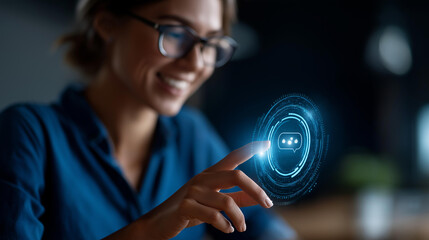 Faceless friendly woman engaging with AI chatbot heavily defocused background anonymous user highlighting power of human computer interaction technological progress capture