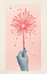 A hand holding a celebration sparkler firework. Hand drawn illustration style