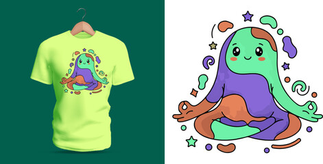 Obraz premium Vector T-shirt design of a cute melting slime creature blending pastel green, purple, and orange colors. The character has a smiling face, smooth drips, soft rounded shapes, and floating blob elements