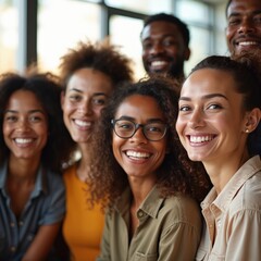 Obraz premium Happy diverse multiethnic business team of young men, women smiles broadly for camera. Coworkers show joy, unity, successful partnership, strong connection in modern office environment. Embody