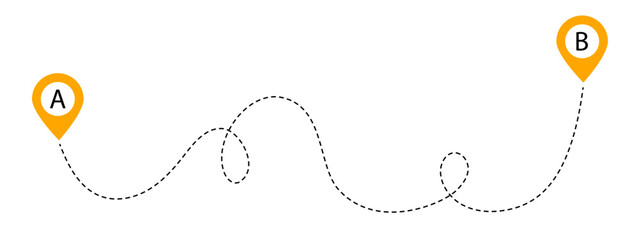 Squiggle travel line with loops connecting two orange map pins labeled "A" and "B", representing a journey or route © Anastasiia
