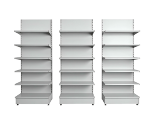 Three empty, white, retail shelving units with multiple levels
