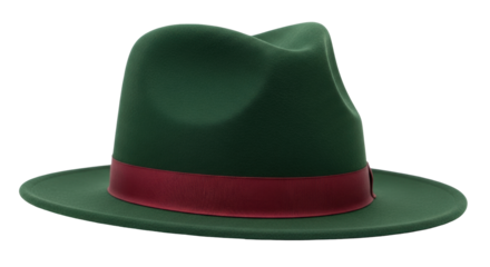 Isolated stylish dark green felt fedora hat with maroon ribbon band, fashion accessory