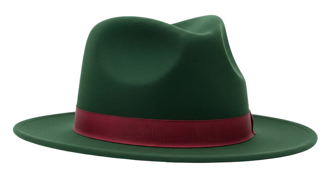 Isolated stylish dark green felt fedora hat with maroon ribbon band, fashion accessory