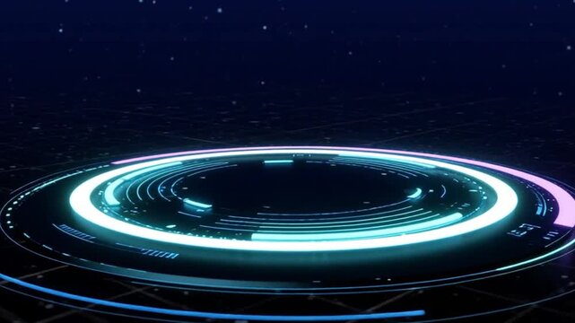 3D glowing circular HUD with dynamic lighting over a black background. Futuristic cyber technology concept with subtle grain processing for a cinematic high-tech look