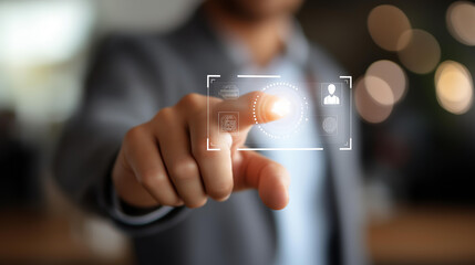 Faceless person using AI chat interface with virtual screen heavily defocused background displaying chatbot content generator user login and data tools artificial intelligence