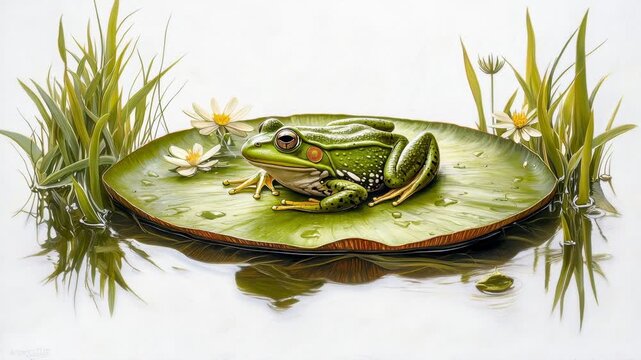 Frog on green lily pad with water, grass, and white flower, peaceful amphibian nature scene, detailed illustration of frog resting on lily pad