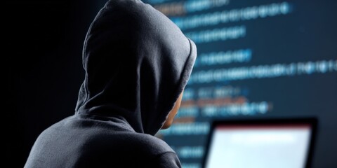 Hooded figure at computer with code displayed on screen in dark room