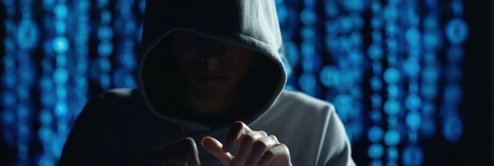 Mysterious hooded individual in front of blue digital code background