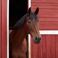 Brown horse standing in red barn doorway looking outward