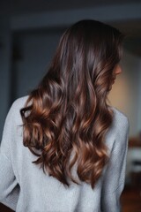 Naklejka premium Brunette female with long wavy hair in gray sweater