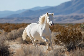 Fototapeta premium Majestic white horse running in desert landscape with mountain background