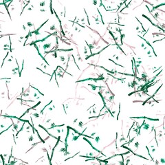 Seamless hand drawn pattern with abstract brushstroke-like elements. Natural grey, tea rose and deep green colors on a white background