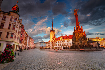Olomouc, Czech Republic. Cityscape image of downtown Olomouc, Czech Republic with Olomouc City Hall and Honorary Holy Trinity Column at summer sunset.