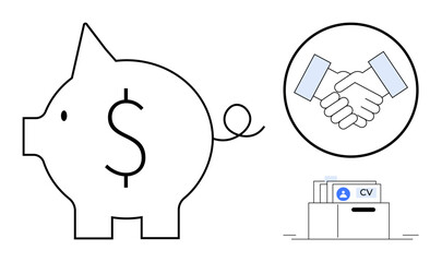 Financial planning. Piggy bank s savings and budgeting. Handshake agreements and partnerships. CV documents signify job search and employment. For career development, banking, hiring, partnerships