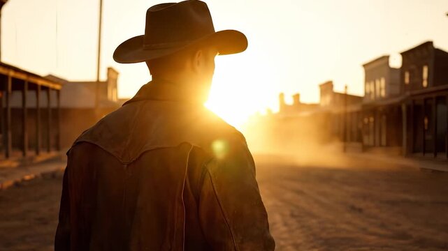 Cowboy walks through western town at sunset. Man in cowboy hat strolls dusty street during golden hour. Sheriff patrols western town with saloon. Cowboy at sunset in old west village street.