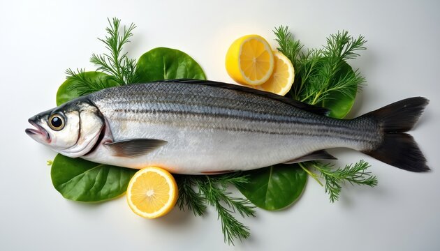 Fresh grey mullet served with dill, spinach, lemon on white surface. Gourmet seafood preparation, elegant presentation. Healthy eating, food ingredients concept. Culinary, cookery, vibrant,