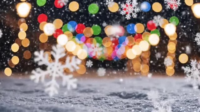 A snowy scene captures the enchanting atmosphere of Christmas with luminous string lights and delicate snowflakes, creating a mesmerizing winter wonderland.