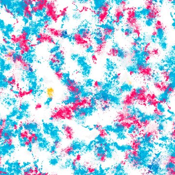 Paint splashes with dotted texture. Bright sky blue, pink red, medium teal blue and mikado yellow colors on the white background. Seamless hand drawn pattern