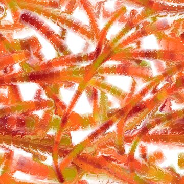 Bright long liquid brush strokes with reflection. Organic structures like coral or intertwined plant stems. Candy imitation. Burnt red, bright orange and dark gold colors. Seamless hand drawn pattern
