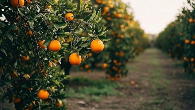 Rows of ripe oranges hang from trees in a sunlit orchard.