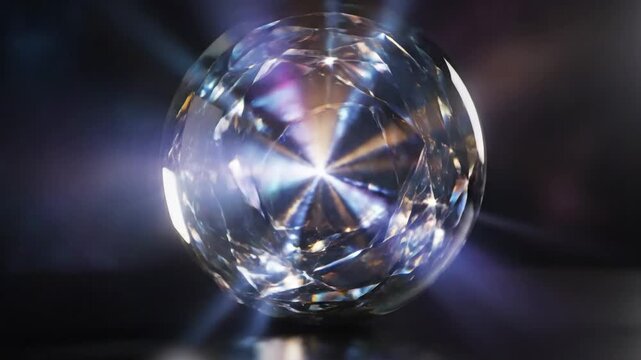 Abstract art of a crystal ball with refracted light beams in a dark environment from a front viewpoint