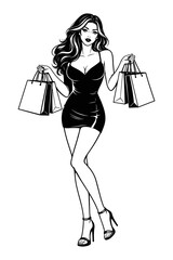 Stylish Woman Shopper Illustration , Black and White Line Art Fashion Cartoon with Shopping Bags