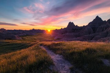 Obraz premium Vibrant sunset over rugged landscape with rocky formations and grassy terrain under colorful sky creating peaceful and breathtaking natural scene