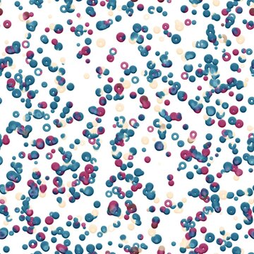 Dirty blue, light plum and bisque color volume bubbles on the white background. Abstract seamless hand drawn pattern.