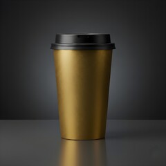 Gold Textured Metallic Coffee Cup with Black Lid on Dark Background
