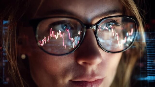 Woman in glasses watches holographic data reflected in lenses symbolizing analytics innovation and futuristic digital technology