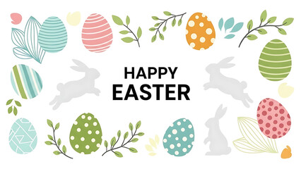 A colorful and festive illustration celebrating happy easter with patterned eggs and jumping bunnies