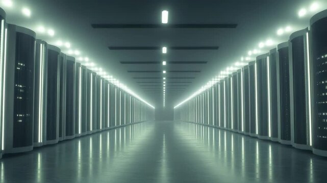 An advanced server room with rows of modern computers and high-tech lighting. Futuristic setting for cybernetics or cloud computing.