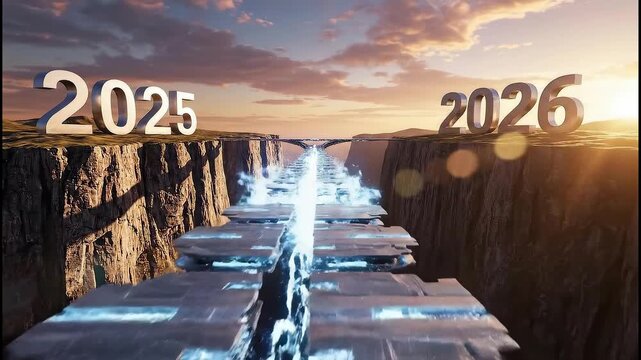 Futuristic bridge with year numbers 2025 and 2026 over a canyon