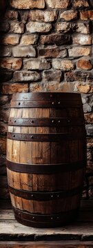 Wooden wine or cognac oak barrel in cool cellar in dstillery house. Craft beeror brandy production. Winey and winemaking. Wine agig process. Background for anner, poster with copy spce