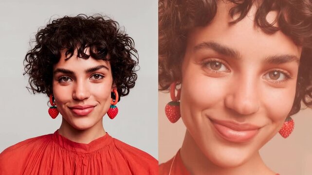 Two portraits of same woman with short curls show different expressions illustrating diversity self presentation and modern beauty