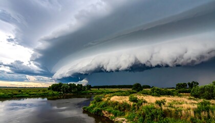 Looming storm clouds over a riverbank landscape create a dramatic and moody atmosphere