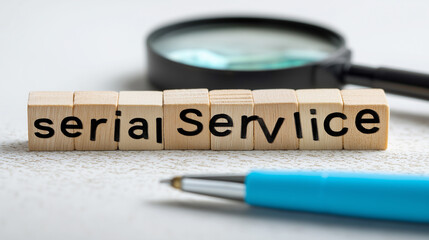 Obraz premium Wooden blocks spelling serial service with a magnifying glass and pen represent investigation or ongoing customer support concepts