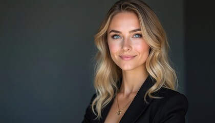 Young woman with blonde wavy hair smiles gently. She wears a black blazer and gold necklace. Professional portrait for corporate use or personal branding.